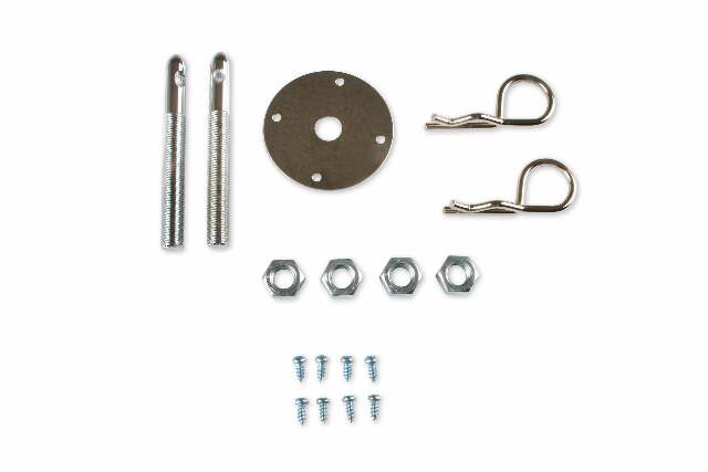 Mr. Gasket trans am camaro hood pin kit 7/16 w/ SAFETY PINS w/ SCREW IN PLATES 7/16-20 thread chrome steel 2493
