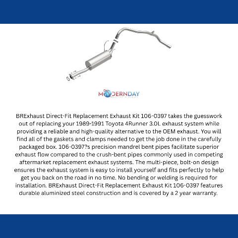 Fits 1989-1991 Toyota 4Runner 3.0L Direct-Fit Replacement Exhaust 106-0397 aluminized steel