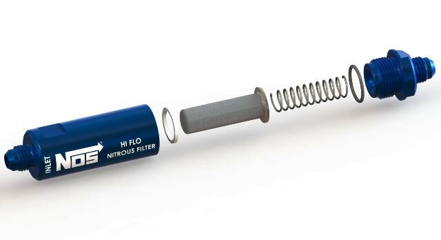 NOS in-line hi-flow nitrous filter, 6AN - blue -6AN stainless steel solenoid 15557NOS