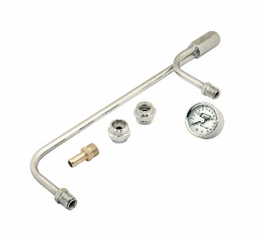 Mr. Gasket fuel line kit with gauge and fittings chrome for Holley 4150 carburetors 9-5/16 inch center-to-center 1-1/2 inch diameter steel 1559