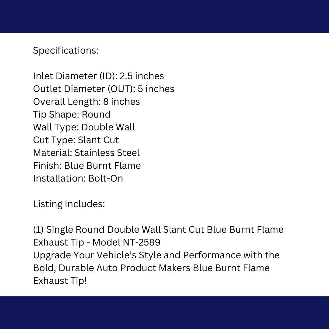 t 2.5" ID/5" OUT/8" Single Round Double Wall Slant Cut Exhaust Tip-Blue NT-2589 Mach Speed