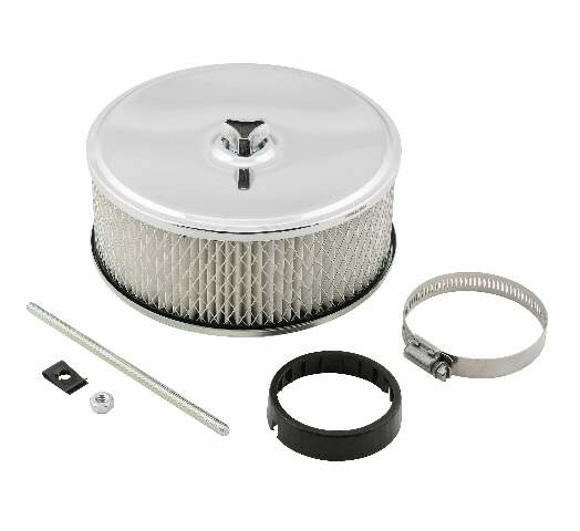 Mr. Gasket air filter assembly chrome 6 1/2 inch x 3 1/2 inch 4350MRG carburetor 6-1/2 inch diameter black steel 2493