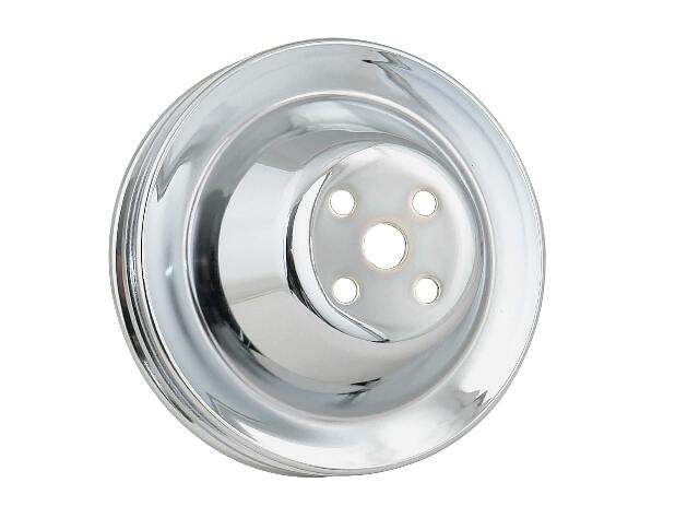 Mr. Gasket water pump pulley chrome double groove Chevy black polished steel 4971