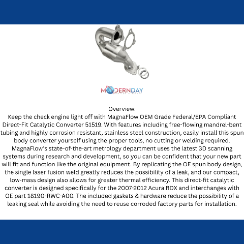 MagnaFlow direct-fit catalytic converter for 2007-2012 Acura 2.3L stainless steel CARB compliant 51519
