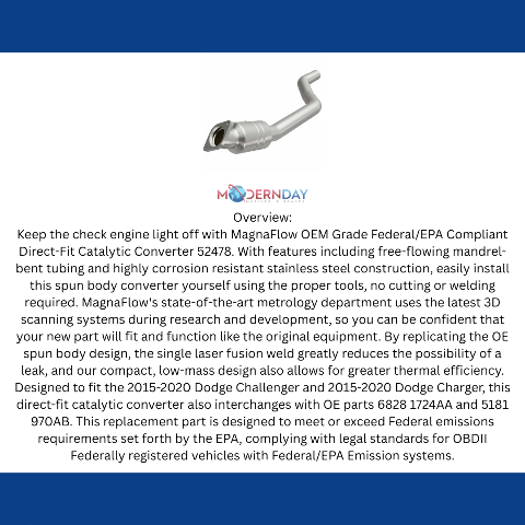MagnaFlow direct-fit catalytic converter for 2015-2020 Dodge Charger 6.4L stainless steel CARB compliant OBDII 52478