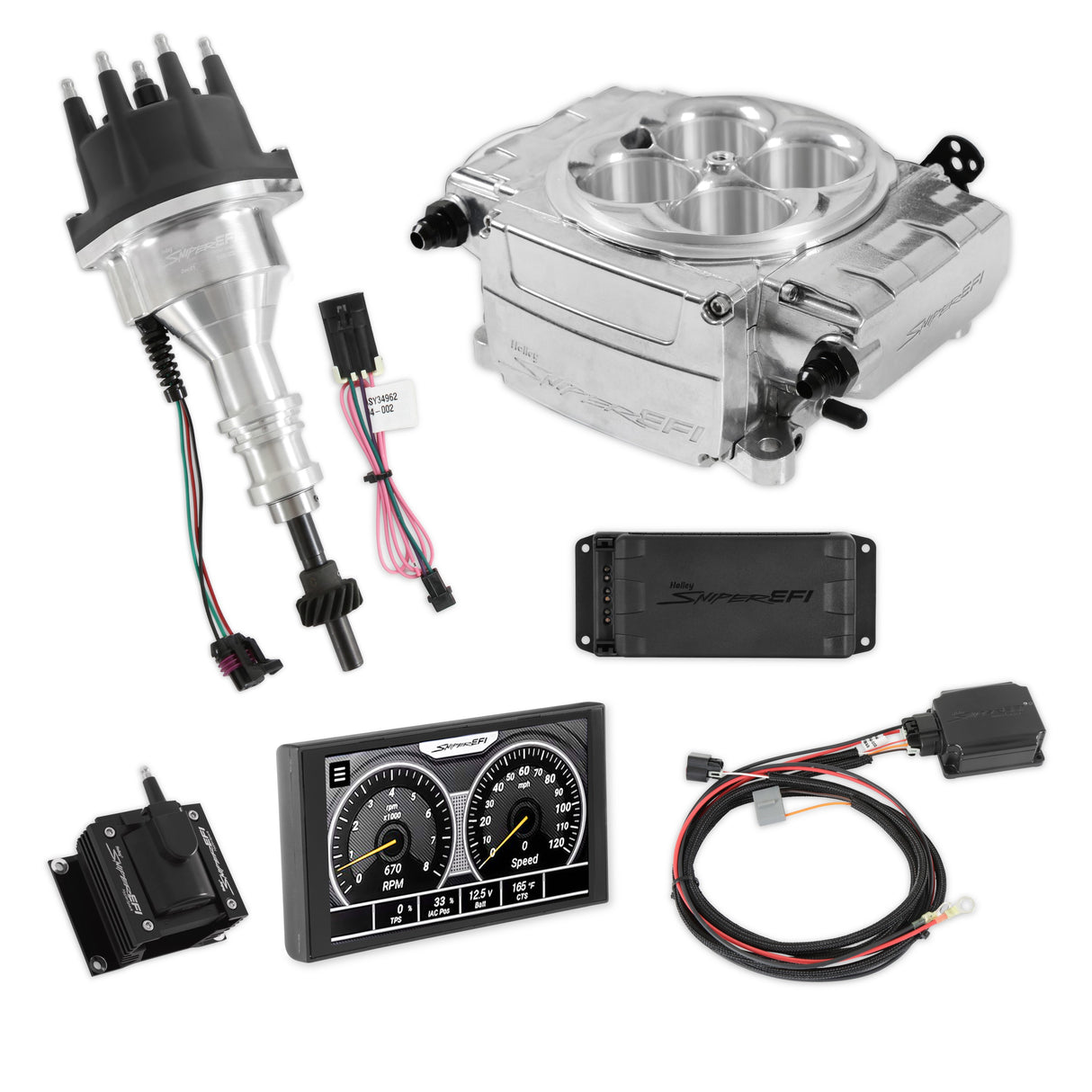 Holley EFI Sniper EFI 1954 Ford Club Sniper 2 EFI Bundle with HyperSpark Ignition System 550-510-5PX-SBF for Chevy polished aluminum