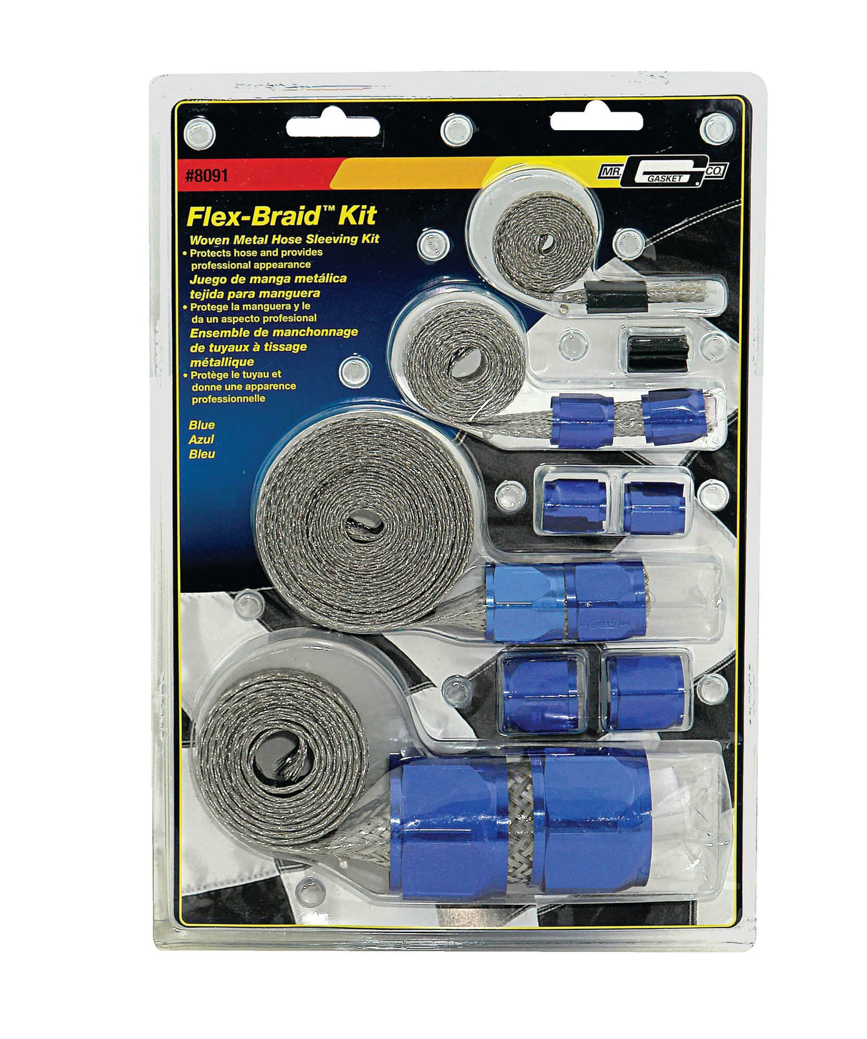 Mr. Gasket flex braid hose sleeve kit blue aluminum steel 8091