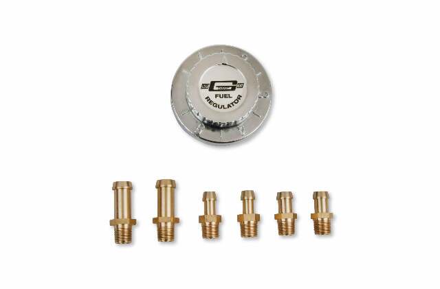 Mr. Gasket fuel pressure regulator ; 1 6 PSI returnless chrome for gasoline carburetor 2-1/4 inch diameter aluminum 9710