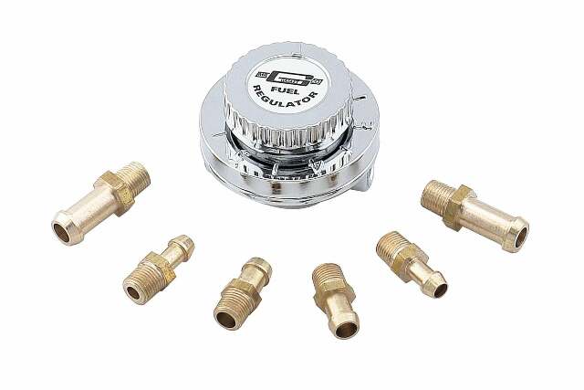 Mr. Gasket fuel pressure regulator ; 1 6 PSI returnless chrome for gasoline carburetor 2-1/4 inch diameter aluminum 9710
