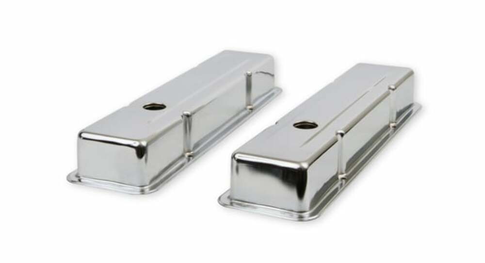 Mr. Gasket chrome valve covers dual cap holes fits 1960 1986 chevrolet small block 262 400 Chevy steel 9800