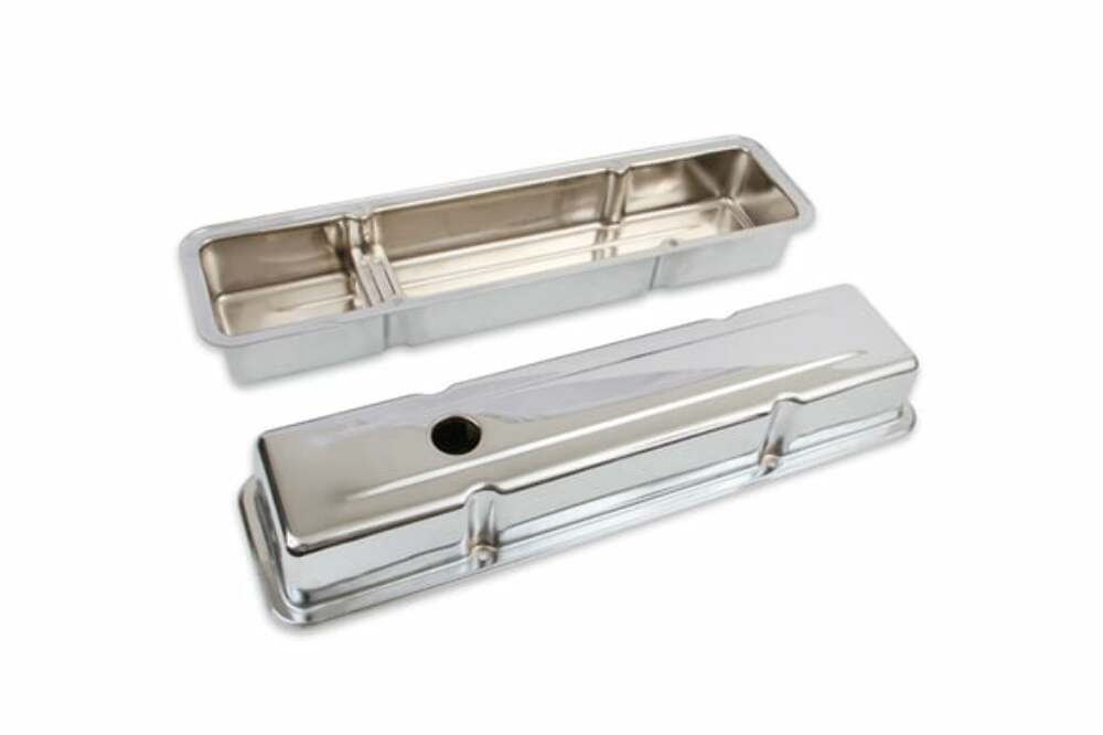 Mr. Gasket chrome valve covers dual cap holes fits 1960 1986 chevrolet small block 262 400 Chevy steel 9800