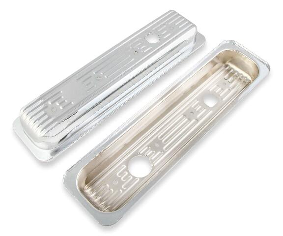 Mr. Gasket chrome valve covers caps SBC Chevy steel 9847
