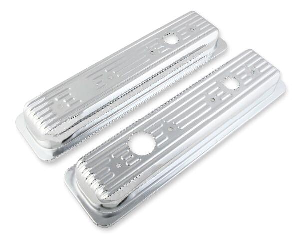 Mr. Gasket chrome valve covers caps SBC Chevy steel 9847