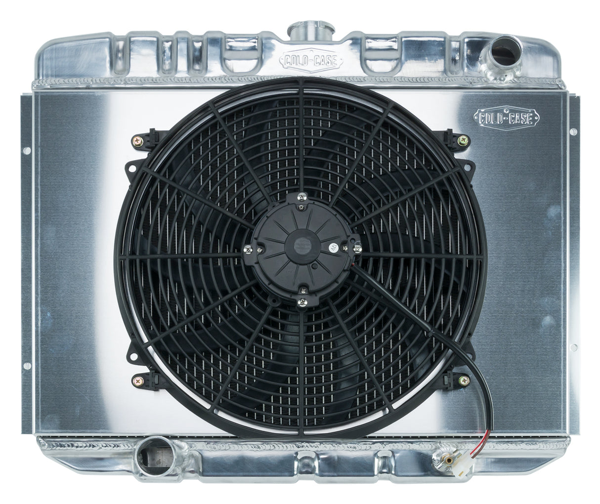 67-70 Mustang BB 24 Inch Aluminum Performance Radiator And 16 Fan Kit 2 row aluminum polished