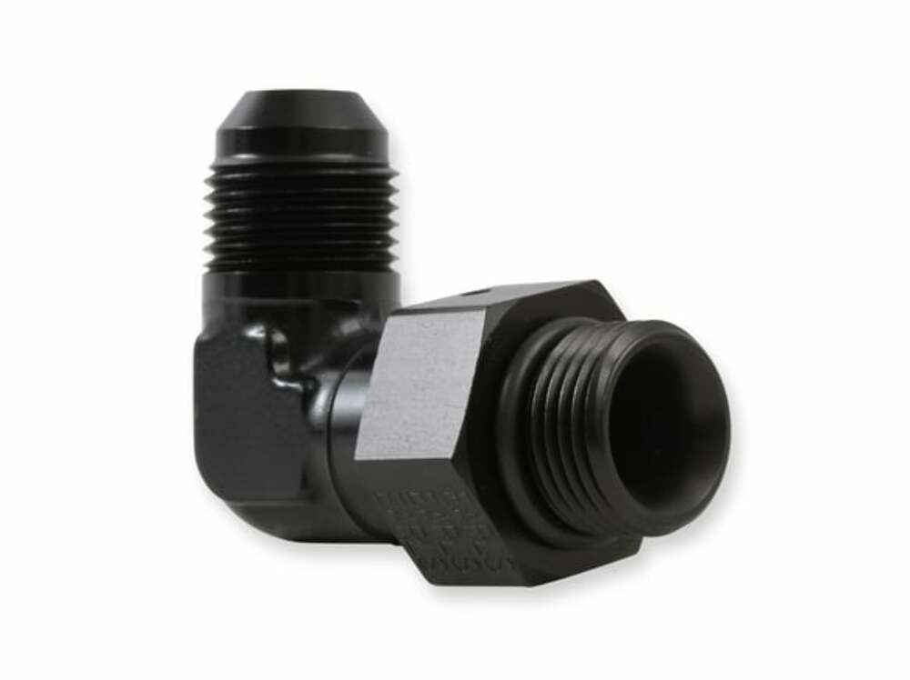 90 Degree -8 AN Male to 3/4-16 Swivel - AT949008ERL AN fitting black aluminum