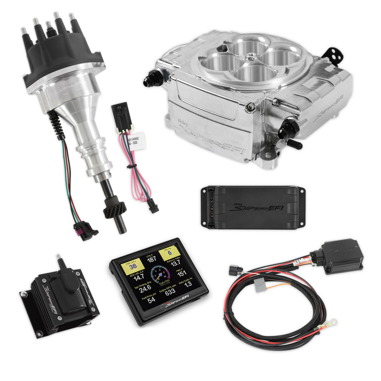 Holley EFI Sniper EFI 1954 Ford Club Sniper 2 EFI Bundle with HyperSpark Ignition System 550-510-3PX-SBF for Chevy polished aluminum