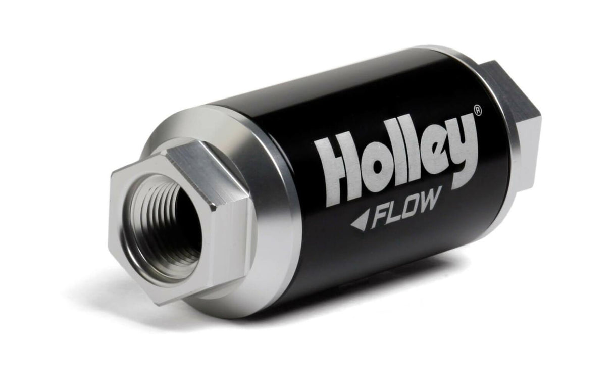 Holley 162-551 - 100 GPH HP Billet Fuel Filter - Street/Strip Carb or EFI Applications Pre Filter 100 Micron black stainless steel aluminum