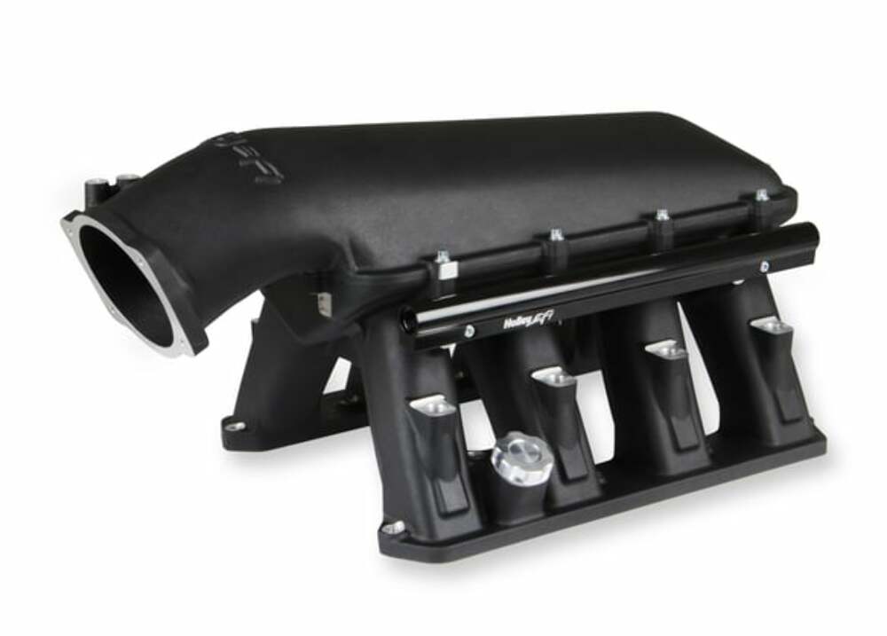 Holley GEN III HEMI Hi-Ram EFI Manifold BLACK - 300-651BK for 2005-2010 Dodge Challenger black aluminum