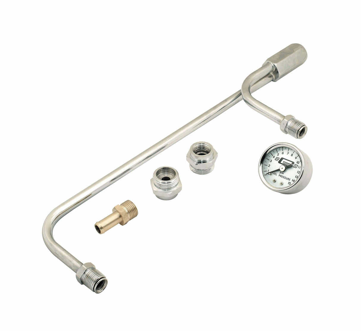 Mr. Gasket fuel line kit with gauge and fittings chrome for Holley 4150 carburetors 9-5/16 inch center-to-center 1-1/2 inch diameter steel 1559