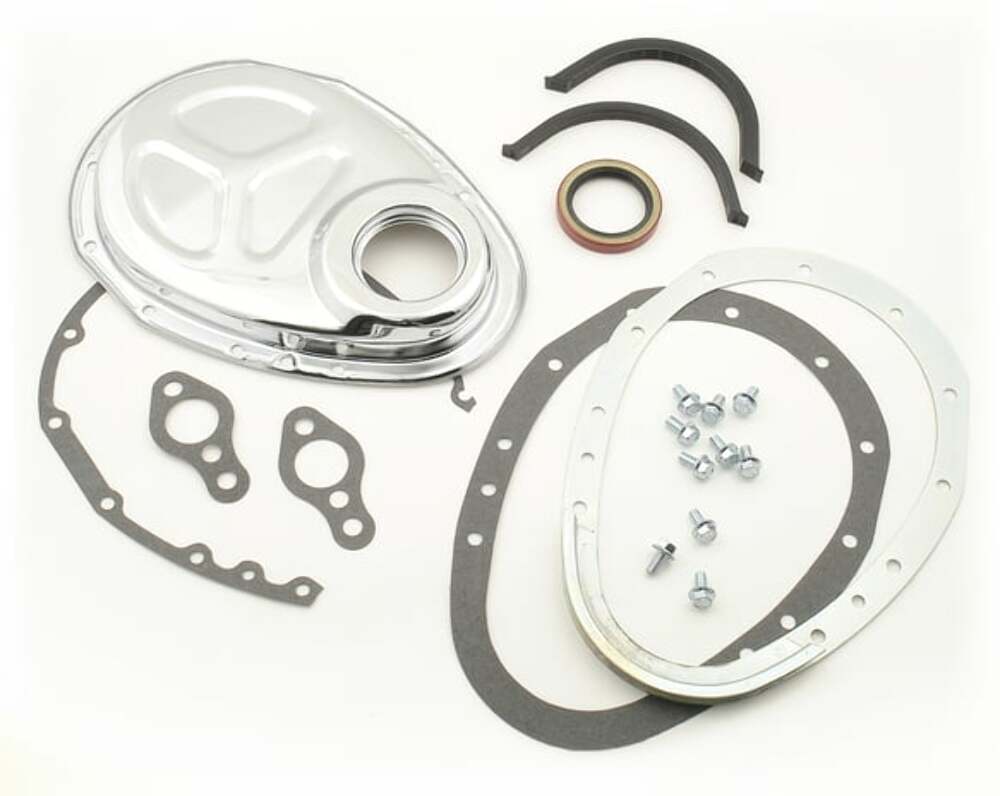 Mr. Gasket 2 piece quick change timing cover chrome SBC Chevy steel 1099