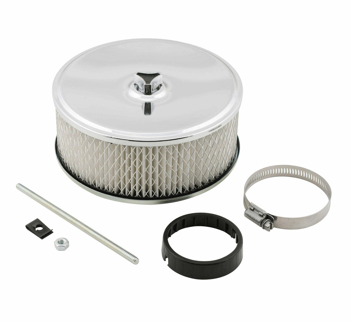 Mr. Gasket air filter assembly chrome 6 1/2 inch x 3 1/2 inch 4350MRG carburetor 6-1/2 inch diameter black steel 2493