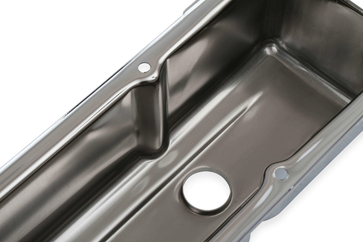 Mr. Gasket chrome tall style valve covers without baffle SBC Chevy steel 9801