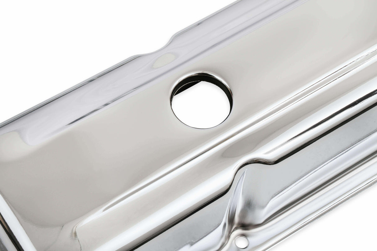 Mr. Gasket chrome tall style valve covers without baffle SBC Chevy steel 9801