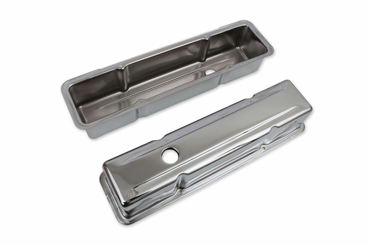 Mr. Gasket chrome tall style valve covers without baffle SBC Chevy steel 9801