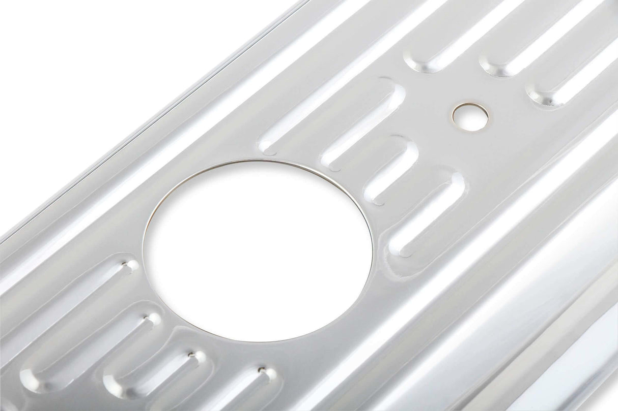 Mr. Gasket chrome valve covers caps SBC Chevy steel 9847