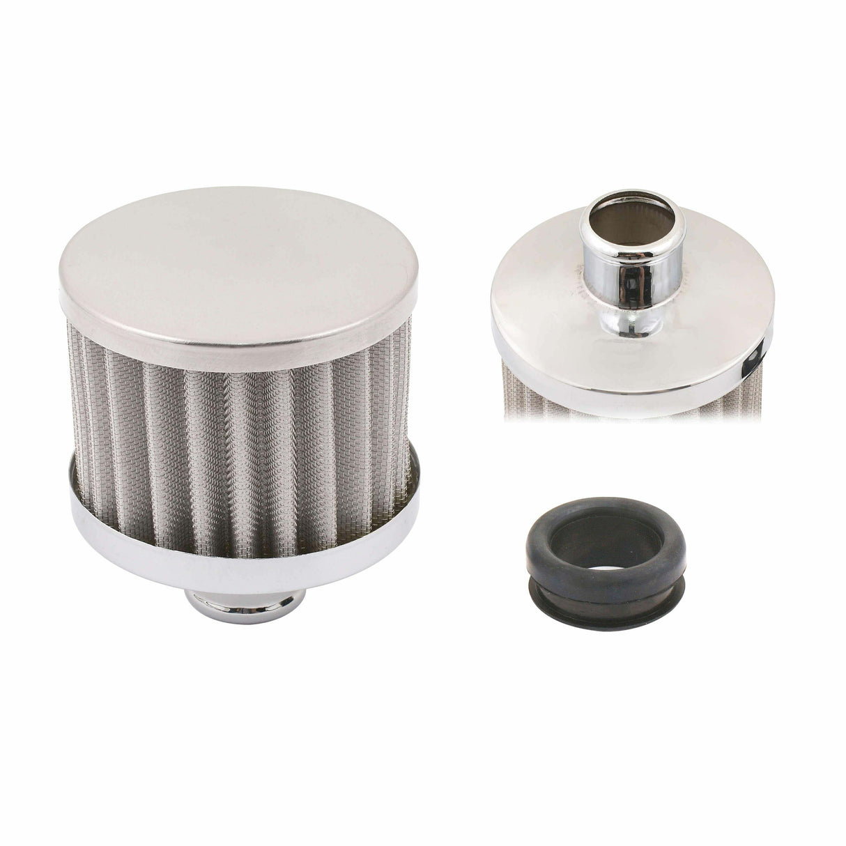 Mr. Gasket valve cover breather push in round steel/rubber chrome 2049G