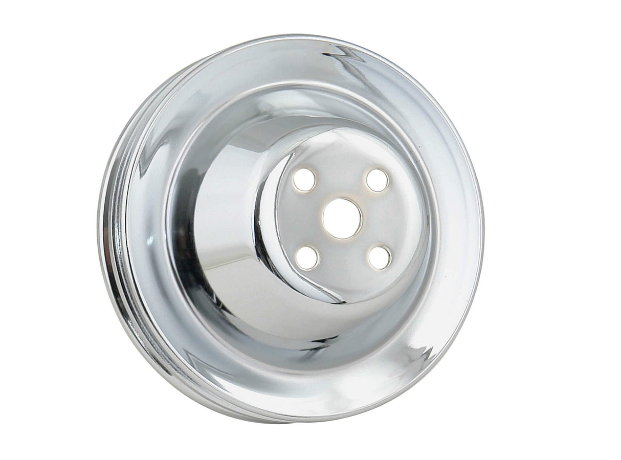 Mr. Gasket water pump pulley chrome double groove Chevy black polished steel 4971