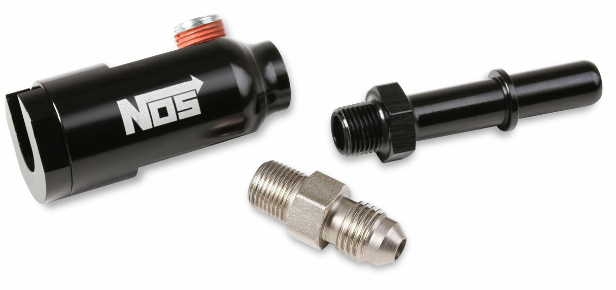 NOS fuel line adapter ; quick connect black anodized 3/8 SAE x 3/8 SAE plate 17002NOS