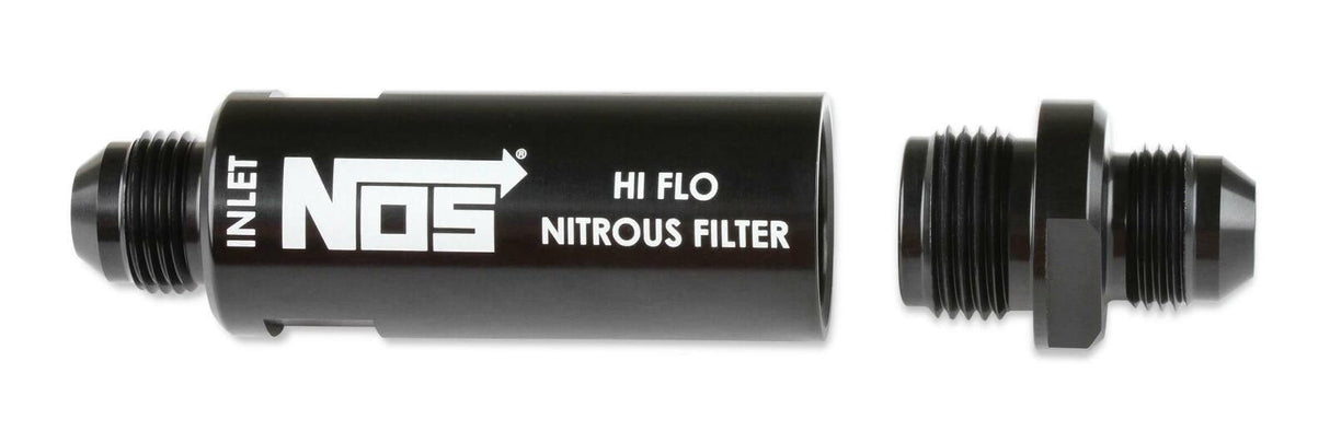 NOS in-line hi-flow nitrous filter, 8AN - black -8AN stainless steel solenoid 15559NOS
