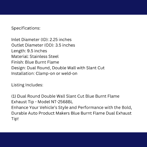 2.25" ID/3.5" OUT/9.5" Dual Double Wall Slant Cut Exhaust Tip-Blue NT-2568BL