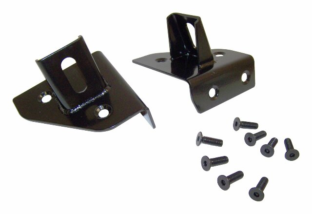 RT Off-Road windshield light mount bracket set fits 1976-1983 Jeep CJ5, 1976-1986 Jeep CJ7, 1981-1986 Jeep CJ8 black metal powder coat bolt-on includes hardware RT26021