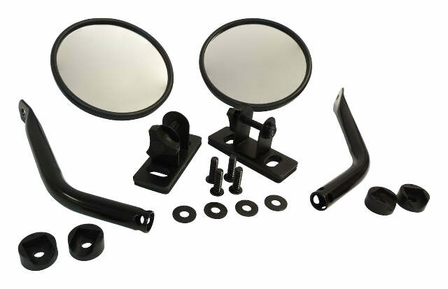 RT Off-Road mirror kit fits 1976-1986 Jeep CJ7, 1981-1986 Jeep CJ8, 1987-2018 Jeep Wrangler black plastic powder coat RT30020