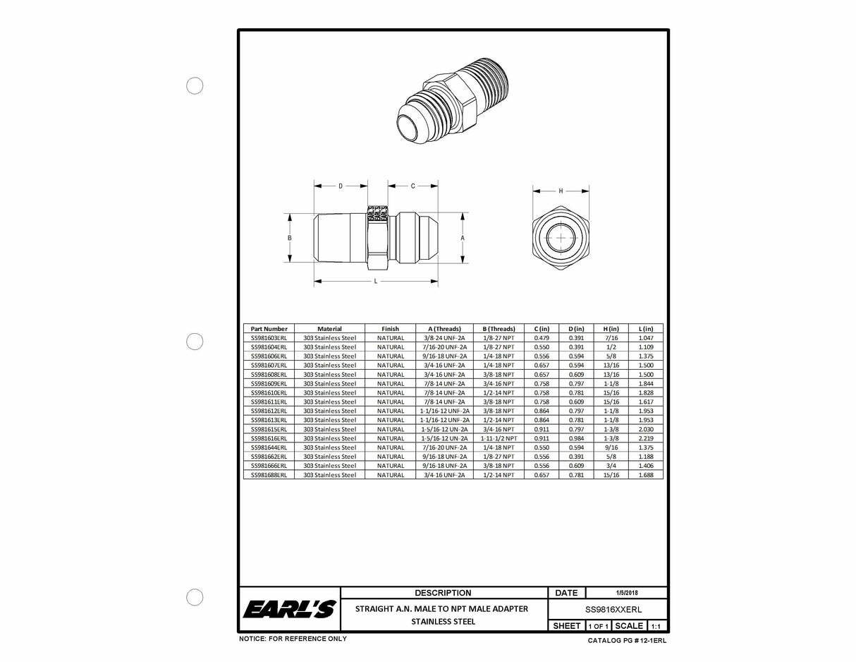 Earls Straight Male AN -6 to 1/4 NPT - SS981606ERL