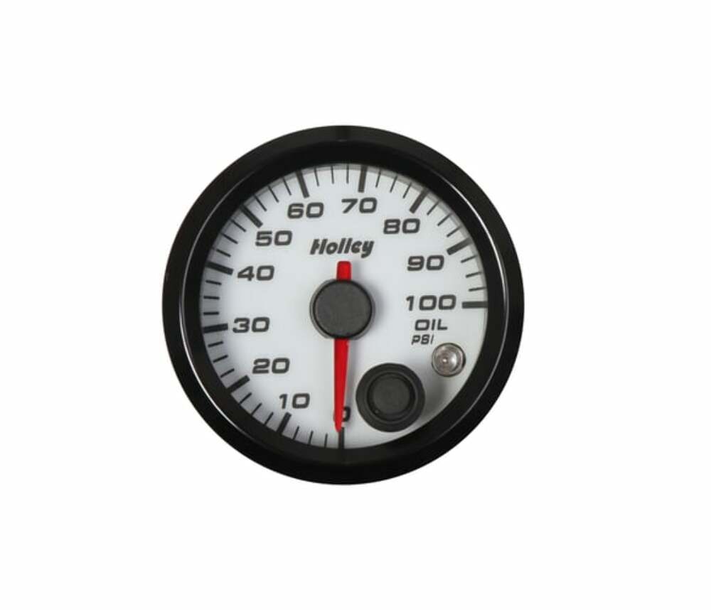 Holley White 2-1/16" Oil Pressure 10-100 psi- logo 26-601W black aluminum