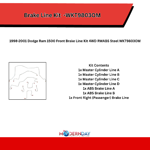 1998-2001 Dodge Ram 1500 Front Brake Line Kit 4WD RWABS Steel WKT9803OM
