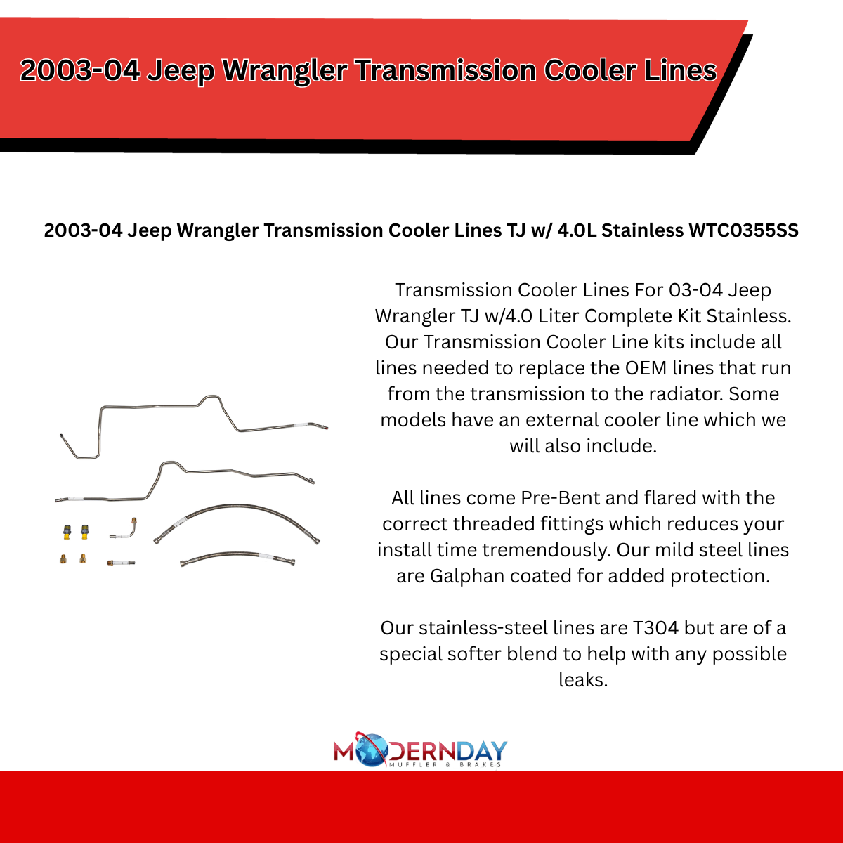 Transmission Cooler Lines for 2003-2004 Jeep Wrangler stainless steel