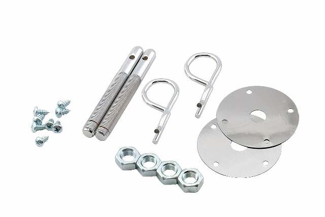 Mr. Gasket trans am camaro hood pin kit 7/16 w/ SAFETY PINS w/ SCREW IN PLATES 7/16-20 thread chrome steel 2493