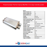Flowmonster Performance Muffler 3 in dual inlet & outlet 12599-FM 409 Stainless