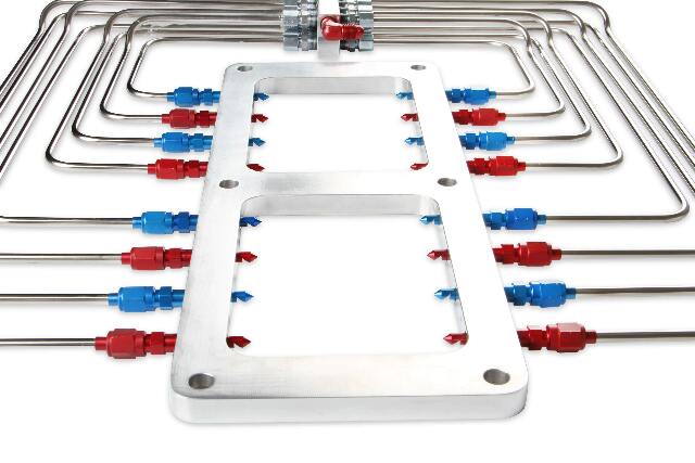 NOS blower injector plate, polished finish, red and blue plumbing - 13350-CNOS black wet