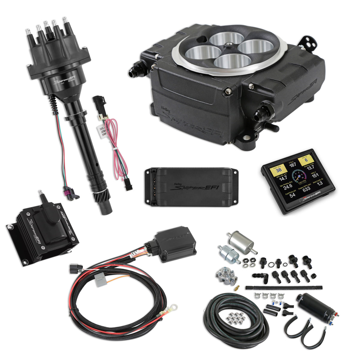 Holley EFI Sniper EFI 1958 Chevrolet Biscayne Sniper 2 EFI Bundle with HyperSpark Ignition System 550-511-3PK-SBC for Chevy Chevelle black aluminum