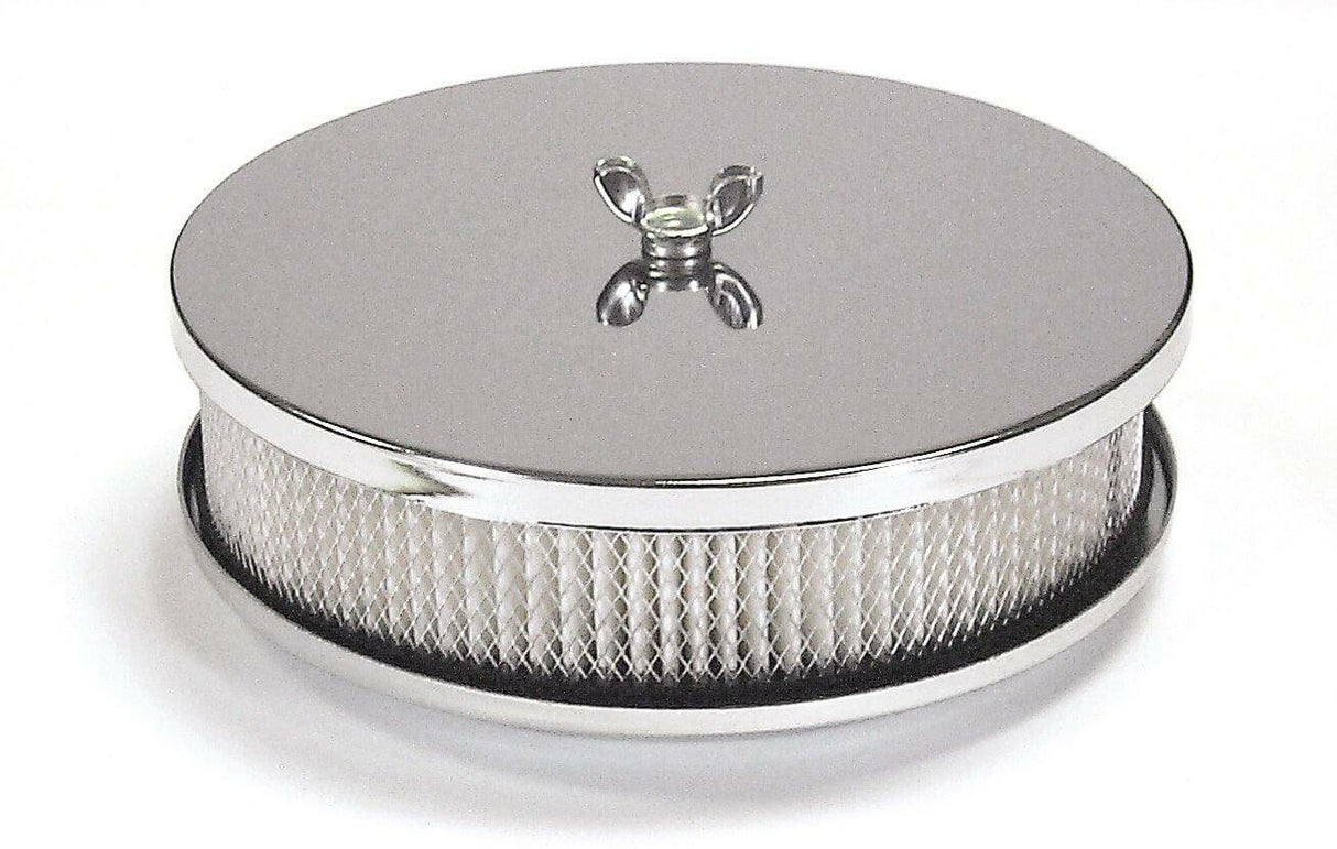 Mr. Gasket air cleaner 6 1/2 inch diameter, 2 inch tall chrome fits 5 1/8 inch diameter carburetor 6-1/2 inch diameter steel 1486