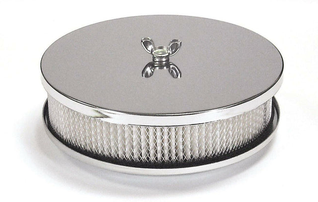 Mr. Gasket air cleaner 6 1/2 inch diameter, 2 inch tall chrome fits 5 1/8 inch diameter carburetor 6-1/2 inch diameter steel 1486