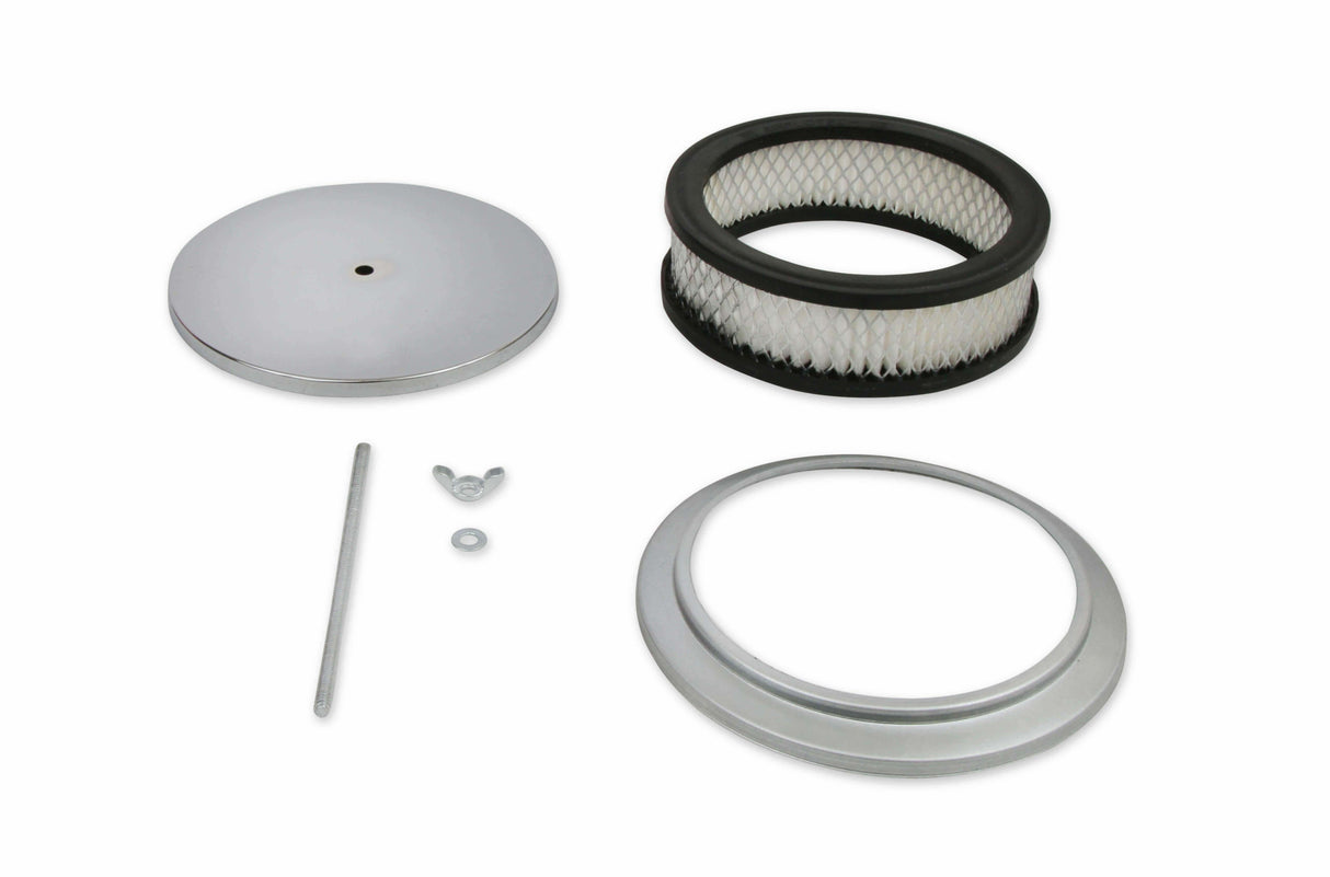 Mr. Gasket air cleaner 6 1/2 inch diameter, 2 inch tall chrome fits 5 1/8 inch diameter carburetor 6-1/2 inch diameter steel 1486
