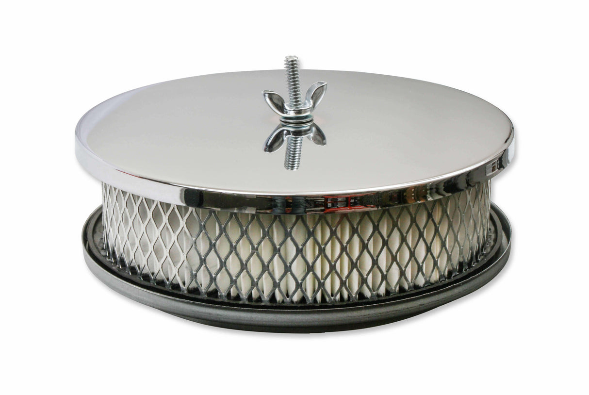 Mr. Gasket air cleaner 6 1/2 inch diameter, 2 inch tall chrome fits 5 1/8 inch diameter carburetor 6-1/2 inch diameter steel 1486