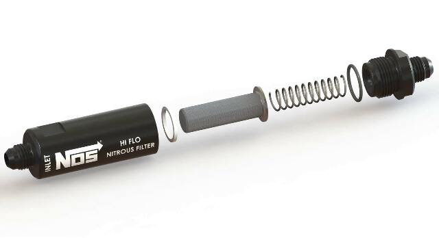NOS in-line hi-flow nitrous filter, 8AN - black -8AN stainless steel solenoid 15559NOS