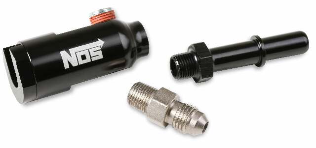 NOS fuel line adapter ; quick connect black anodized 3/8 SAE x 3/8 SAE plate 17002NOS